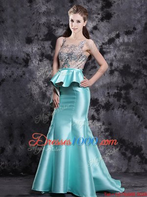 Free and Easy Mermaid Scoop Sleeveless Brush Train Zipper Appliques Dress for Prom