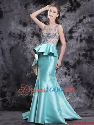 Free and Easy Mermaid Scoop Sleeveless Brush Train Zipper Appliques Dress for Prom