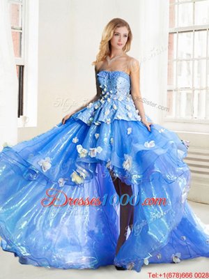 Blue Strapless Neckline Appliques Sweet 16 Quinceanera Dress Sleeveless Lace Up