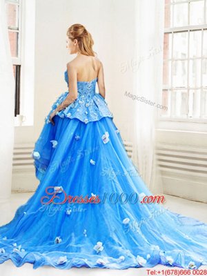 Blue Strapless Neckline Appliques Sweet 16 Quinceanera Dress Sleeveless Lace Up