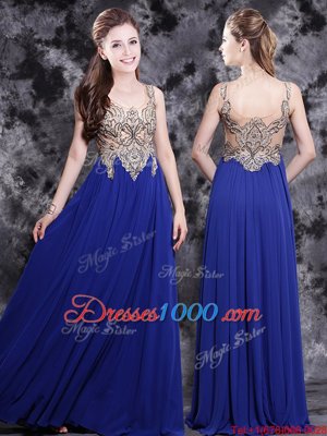Scoop Sleeveless Chiffon Floor Length Side Zipper Prom Dress in Royal Blue for with Appliques