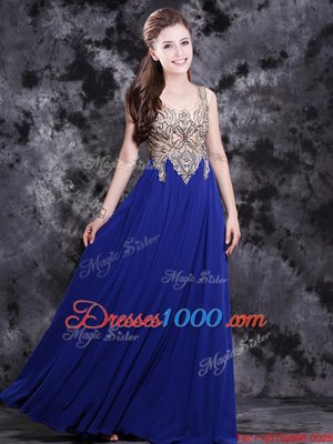 Scoop Sleeveless Chiffon Floor Length Side Zipper Prom Dress in Royal Blue for with Appliques