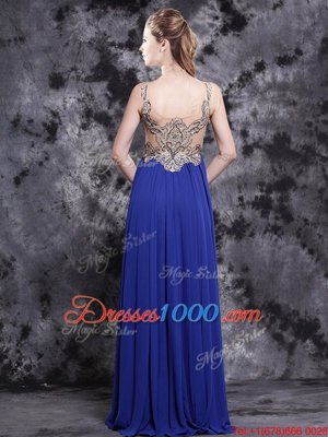 Scoop Sleeveless Chiffon Floor Length Side Zipper Prom Dress in Royal Blue for with Appliques