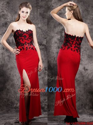 Elegant Ankle Length Red Homecoming Dress Elastic Woven Satin Sleeveless Beading and Appliques