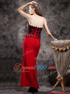 Elegant Ankle Length Red Homecoming Dress Elastic Woven Satin Sleeveless Beading and Appliques