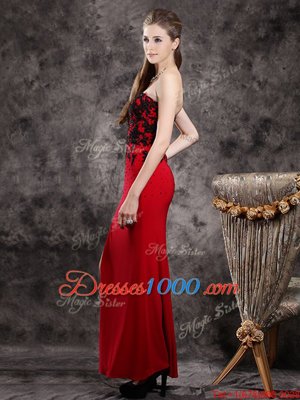 Elegant Ankle Length Red Homecoming Dress Elastic Woven Satin Sleeveless Beading and Appliques