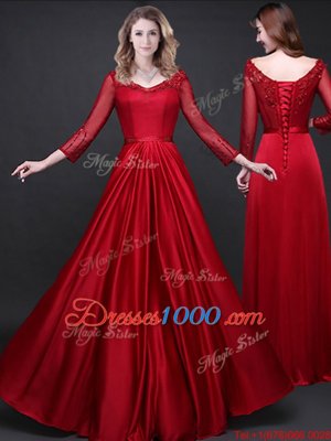 Long Sleeves Lace Up Prom Dress Wine Red Elastic Woven Satin