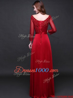 Long Sleeves Lace Up Prom Dress Wine Red Elastic Woven Satin