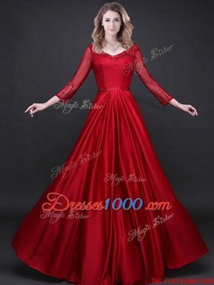 Long Sleeves Lace Up Prom Dress Wine Red Elastic Woven Satin