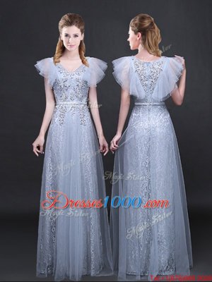 Customized V-neck Short Sleeves Tulle and Lace Homecoming Dress Appliques and Belt Zipper