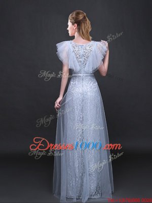 Customized V-neck Short Sleeves Tulle and Lace Homecoming Dress Appliques and Belt Zipper