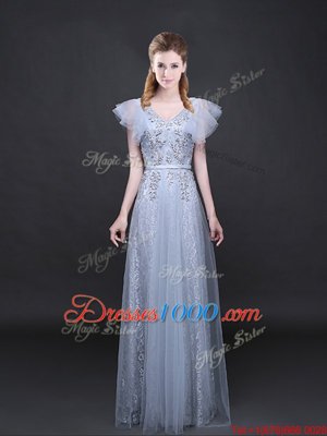 Customized V-neck Short Sleeves Tulle and Lace Homecoming Dress Appliques and Belt Zipper