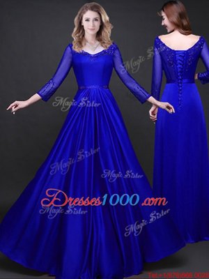 Appliques and Belt Evening Dress Royal Blue Lace Up Long Sleeves Floor Length