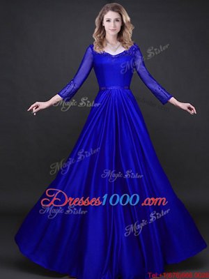 Appliques and Belt Evening Dress Royal Blue Lace Up Long Sleeves Floor Length