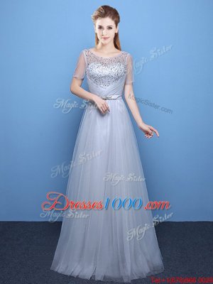 Scoop Grey Short Sleeves Floor Length Beading Lace Up Evening Dress