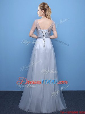 Scoop Grey Short Sleeves Floor Length Beading Lace Up Evening Dress