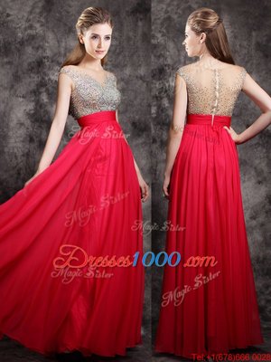 Coral Red Empire Chiffon V-neck Cap Sleeves Beading Floor Length Zipper Prom Evening Gown
