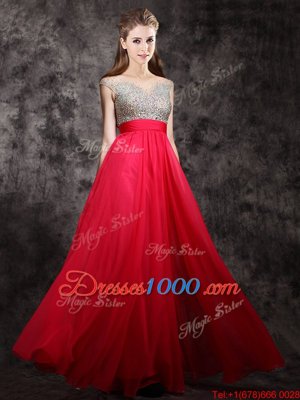 Coral Red Empire Chiffon V-neck Cap Sleeves Beading Floor Length Zipper Prom Evening Gown