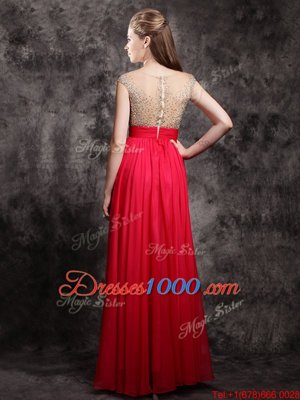 Coral Red Empire Chiffon V-neck Cap Sleeves Beading Floor Length Zipper Prom Evening Gown