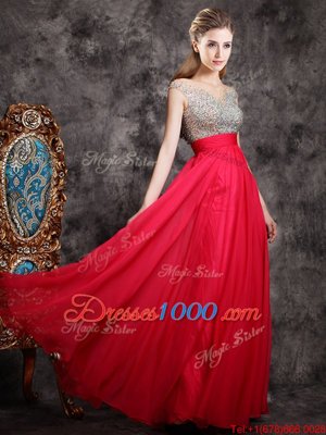 Coral Red Empire Chiffon V-neck Cap Sleeves Beading Floor Length Zipper Prom Evening Gown