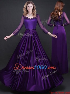 Long Sleeves Elastic Woven Satin Floor Length Lace Up Dress for Prom in Purple for with Appliques and Belt
