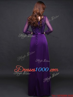 Long Sleeves Elastic Woven Satin Floor Length Lace Up Dress for Prom in Purple for with Appliques and Belt