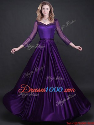 Long Sleeves Elastic Woven Satin Floor Length Lace Up Dress for Prom in Purple for with Appliques and Belt
