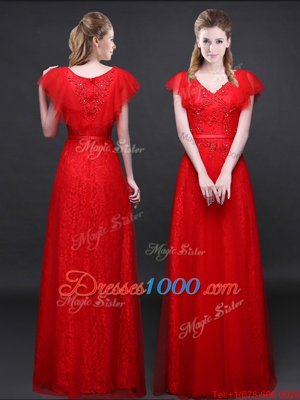 Wonderful Short Sleeves Tulle and Lace Floor Length Zipper Prom Gown in Red for with Appliques and Belt
