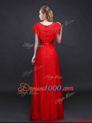 Wonderful Short Sleeves Tulle and Lace Floor Length Zipper Prom Gown in Red for with Appliques and Belt
