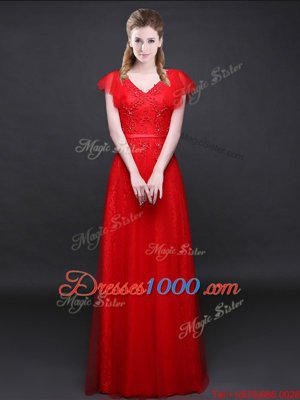 Wonderful Short Sleeves Tulle and Lace Floor Length Zipper Prom Gown in Red for with Appliques and Belt