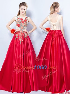 Extravagant Scoop Sleeveless Lace Up Prom Dresses Red Elastic Woven Satin