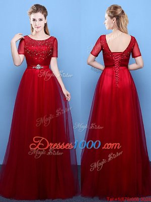 Latest Wine Red Empire Scoop Short Sleeves Tulle Floor Length Lace Up Beading Prom Dress