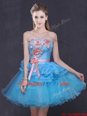 Sleeveless Tulle Mini Length Lace Up Prom Evening Gown in Blue for with Hand Made Flower