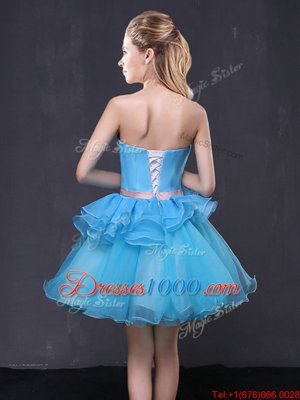 Sleeveless Tulle Mini Length Lace Up Prom Evening Gown in Blue for with Hand Made Flower