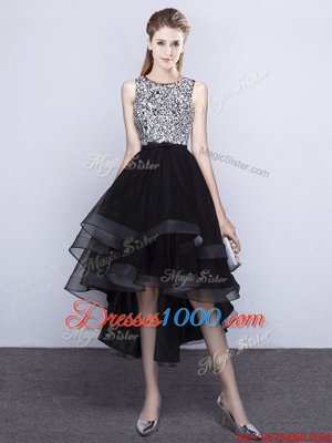 Best Scoop Sleeveless High Low Beading Backless Dress for Prom with Black