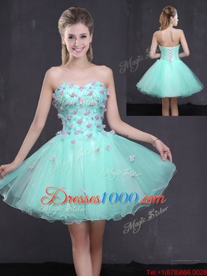Apple Green A-line Sweetheart Sleeveless Organza Mini Length Lace Up Appliques Prom Party Dress