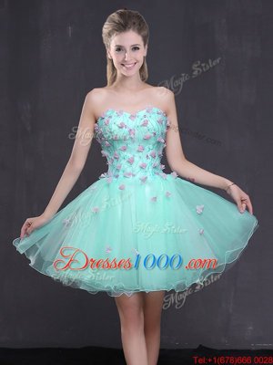 Apple Green A-line Sweetheart Sleeveless Organza Mini Length Lace Up Appliques Prom Party Dress