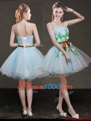 Deluxe Light Blue Sleeveless Appliques and Belt Mini Length Prom Evening Gown