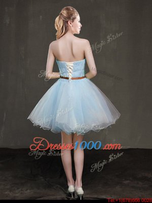 Deluxe Light Blue Sleeveless Appliques and Belt Mini Length Prom Evening Gown