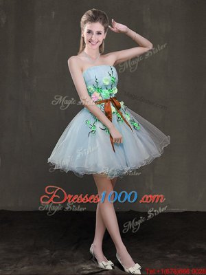 Deluxe Light Blue Sleeveless Appliques and Belt Mini Length Prom Evening Gown