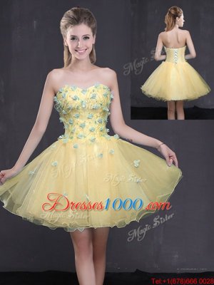 Light Yellow A-line Appliques Dress for Prom Lace Up Organza Sleeveless Mini Length