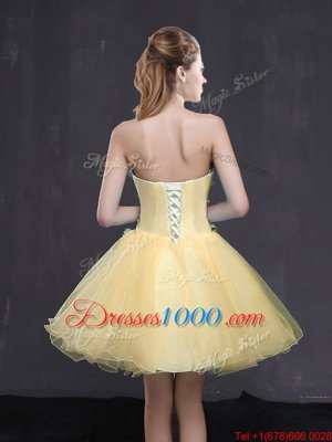 Light Yellow A-line Appliques Dress for Prom Lace Up Organza Sleeveless Mini Length