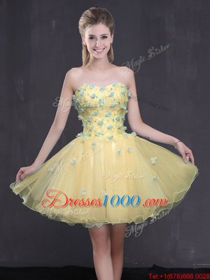 Light Yellow A-line Appliques Dress for Prom Lace Up Organza Sleeveless Mini Length