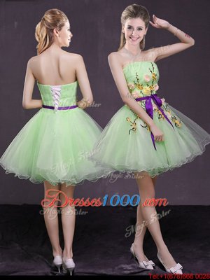 Lace Up Strapless Appliques and Belt Prom Dresses Organza Sleeveless