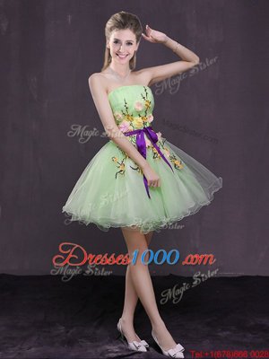 Lace Up Strapless Appliques and Belt Prom Dresses Organza Sleeveless