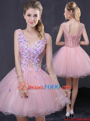 Pink Organza Lace Up Cocktail Dresses Sleeveless Mini Length Hand Made Flower