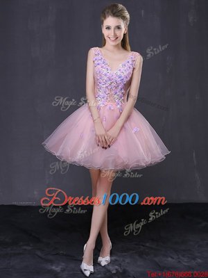 Pink Organza Lace Up Cocktail Dresses Sleeveless Mini Length Hand Made Flower
