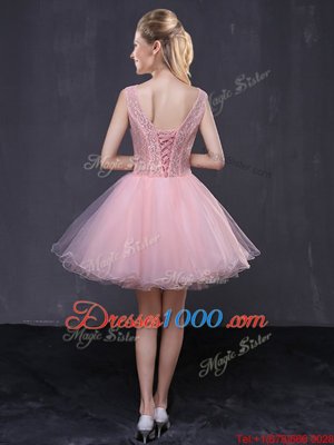 Pink Organza Lace Up Cocktail Dresses Sleeveless Mini Length Hand Made Flower