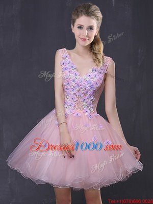 Pink Organza Lace Up Cocktail Dresses Sleeveless Mini Length Hand Made Flower