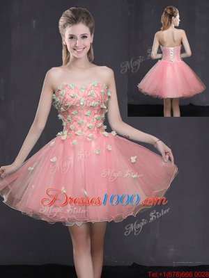 Pink Organza Lace Up Sweetheart Sleeveless Mini Length Celebrity Dress Appliques